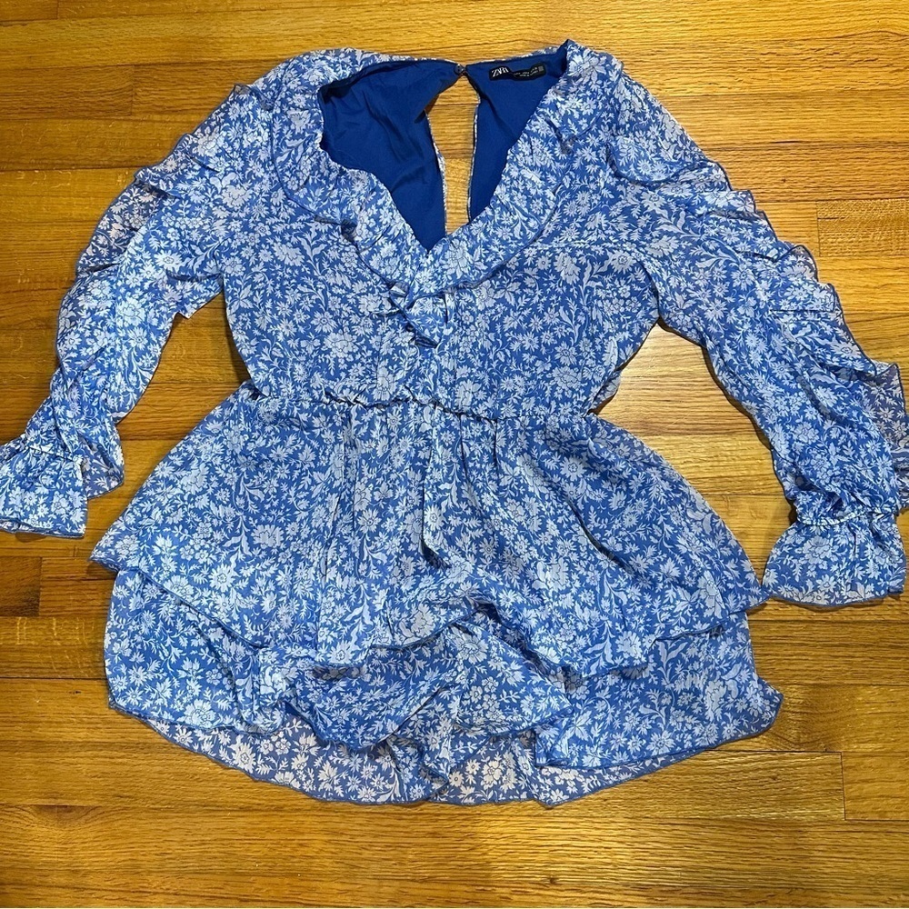 ZARA Womens Long Sleeve Ruffle Romper One Piece Blue Floral Size M V-neck(E5